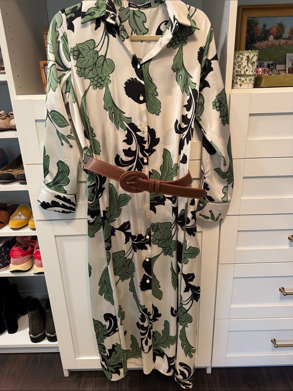 Green & Black Floral Button-Front Shirt Dress